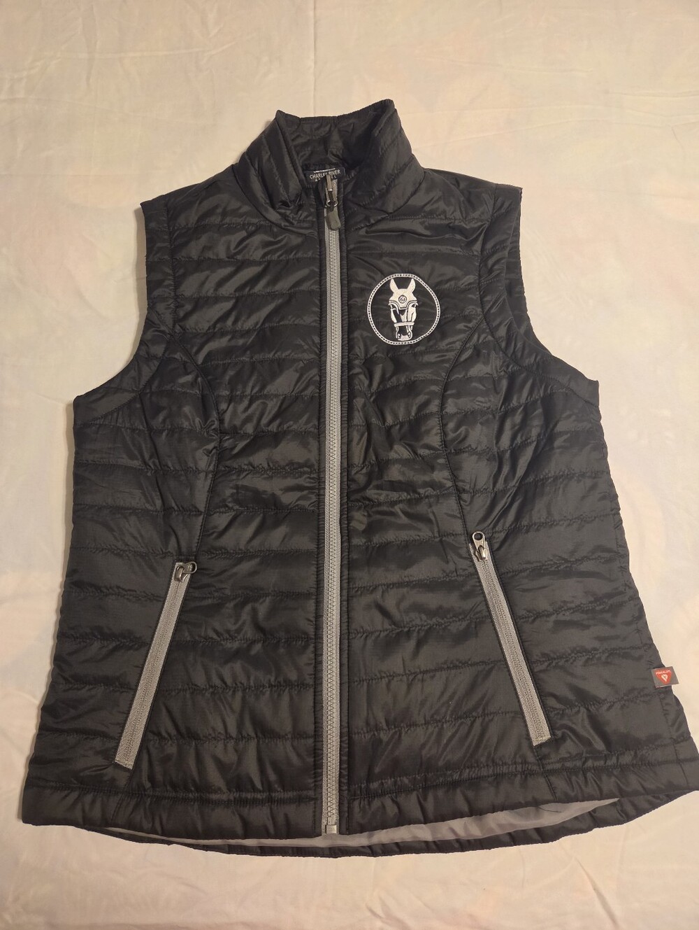 Charles River Black Quilted Women's Vest with Custom Horse Logo. Sz M